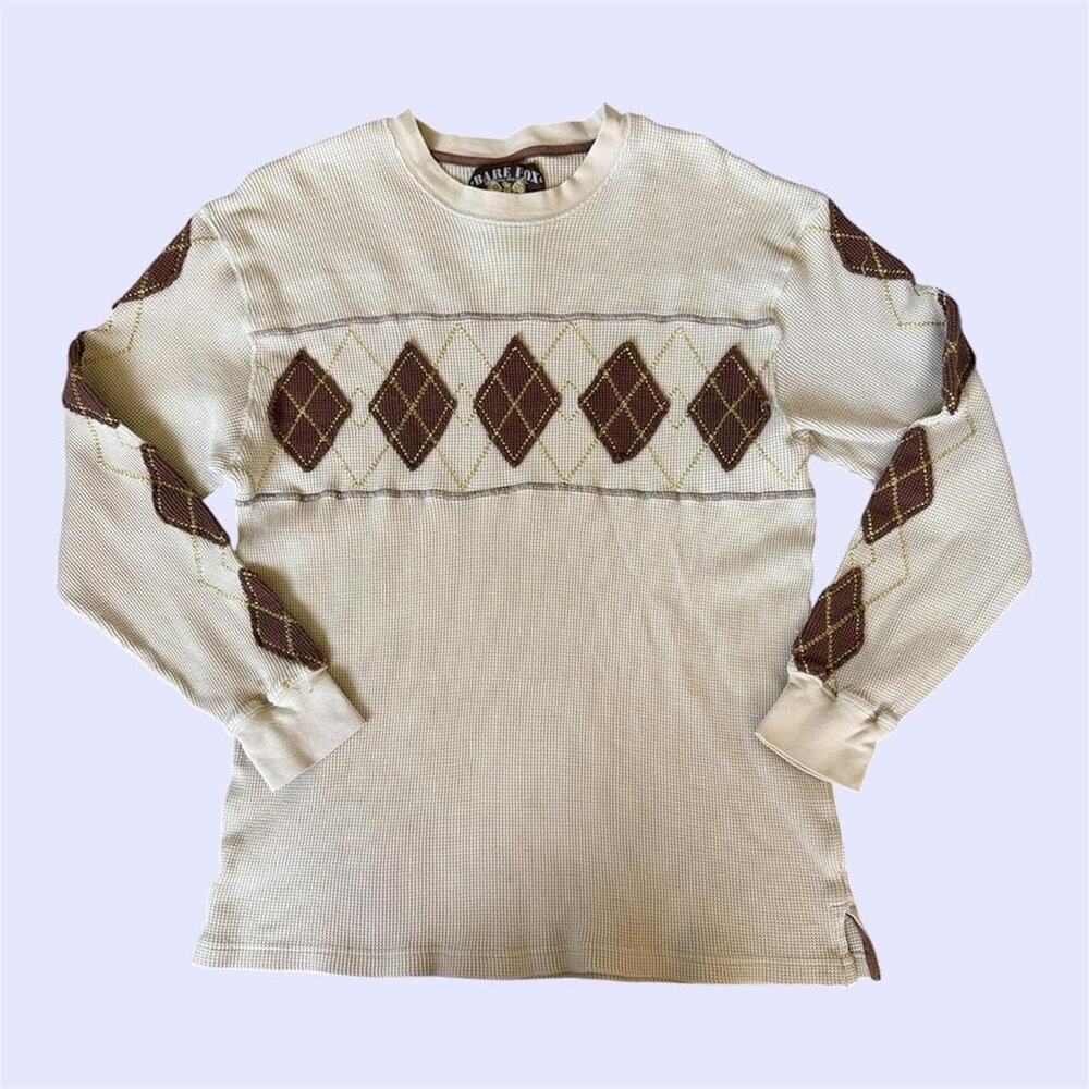 Bare fox men’s Y2K cream and brown argyle long sleeve shirt